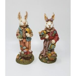 Vintage Pair Of Mr. & Mrs. Bunny Rabbits Ceramic Figurines 9.5" Easter Spring